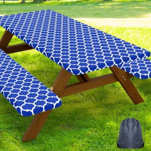 Smiry Picnic Table Cover with Bench Covers, Waterproof Elastic Fitted Tablecloth for 6 Foot Tables, Washable Polyester Tablecloths for Camping, Indoor & Outdoor (Blue Morocco, 30x72 Inch 3-pc Set)