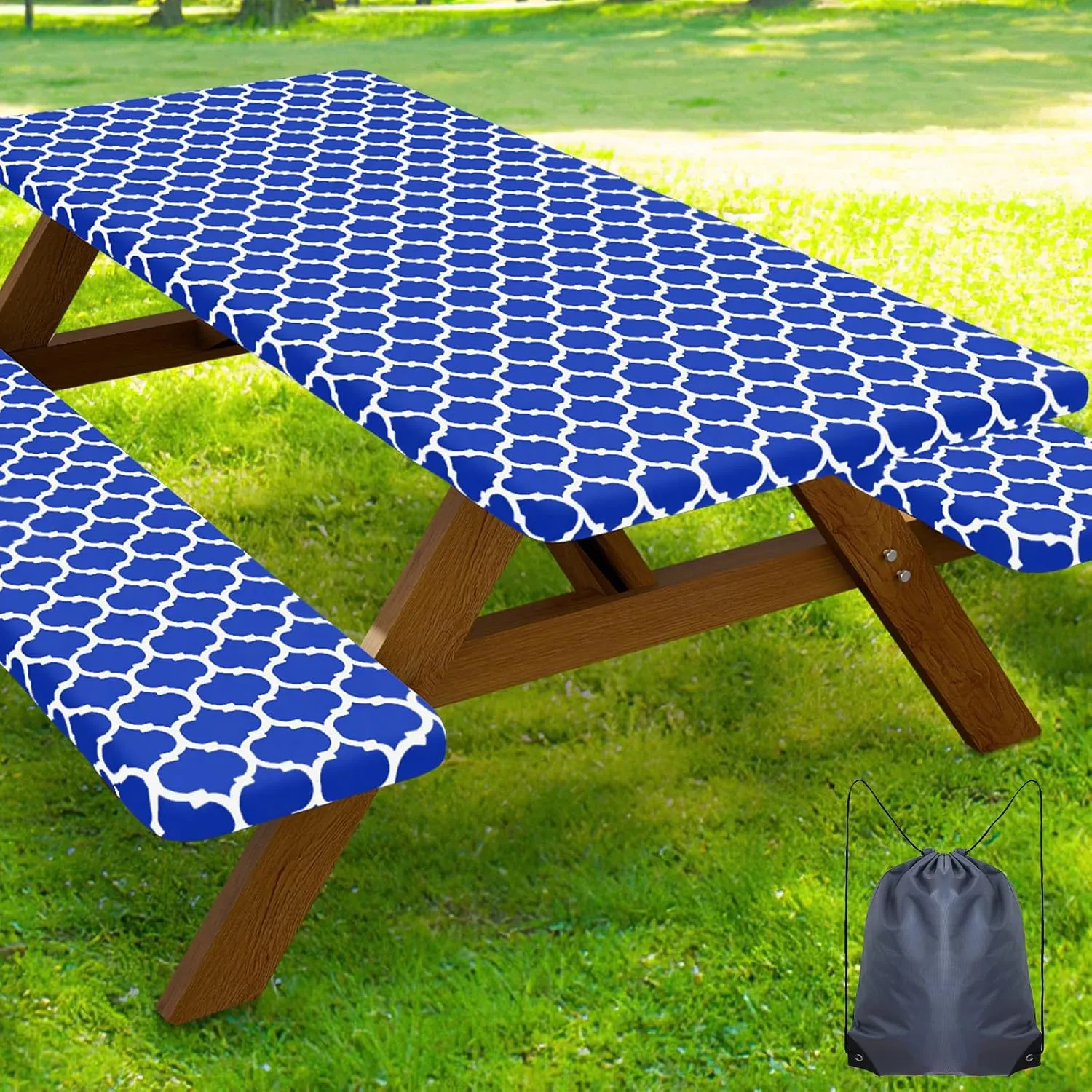 Smiry Picnic Table Cover with Bench Covers, Waterproof Elastic Fitted Tablecloth for 6 Foot Tables, Washable Polyester Tablecloths for Camping, Indoor & Outdoor (Blue Morocco, 30x72 Inch 3-pc Set)