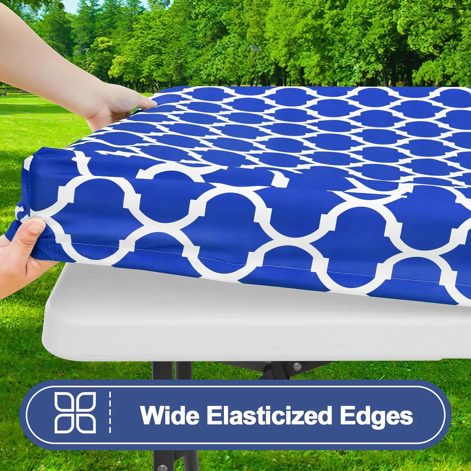 Smiry Picnic Table Cover with Bench Covers, Waterproof Elastic Fitted Tablecloth for 6 Foot Tables, Washable Polyester Tablecloths for Camping, Indoor & Outdoor (Blue Morocco, 30x72 Inch 3-pc Set)