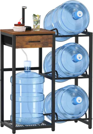Snughome 5 Gallon Water Jug Holder, Water Jug Stand with Drawer for 4 Bottles, 5 Gal Water Bottle Holder with Wood Storage Shelf, Water Dispenser Stand for Replacement Parts