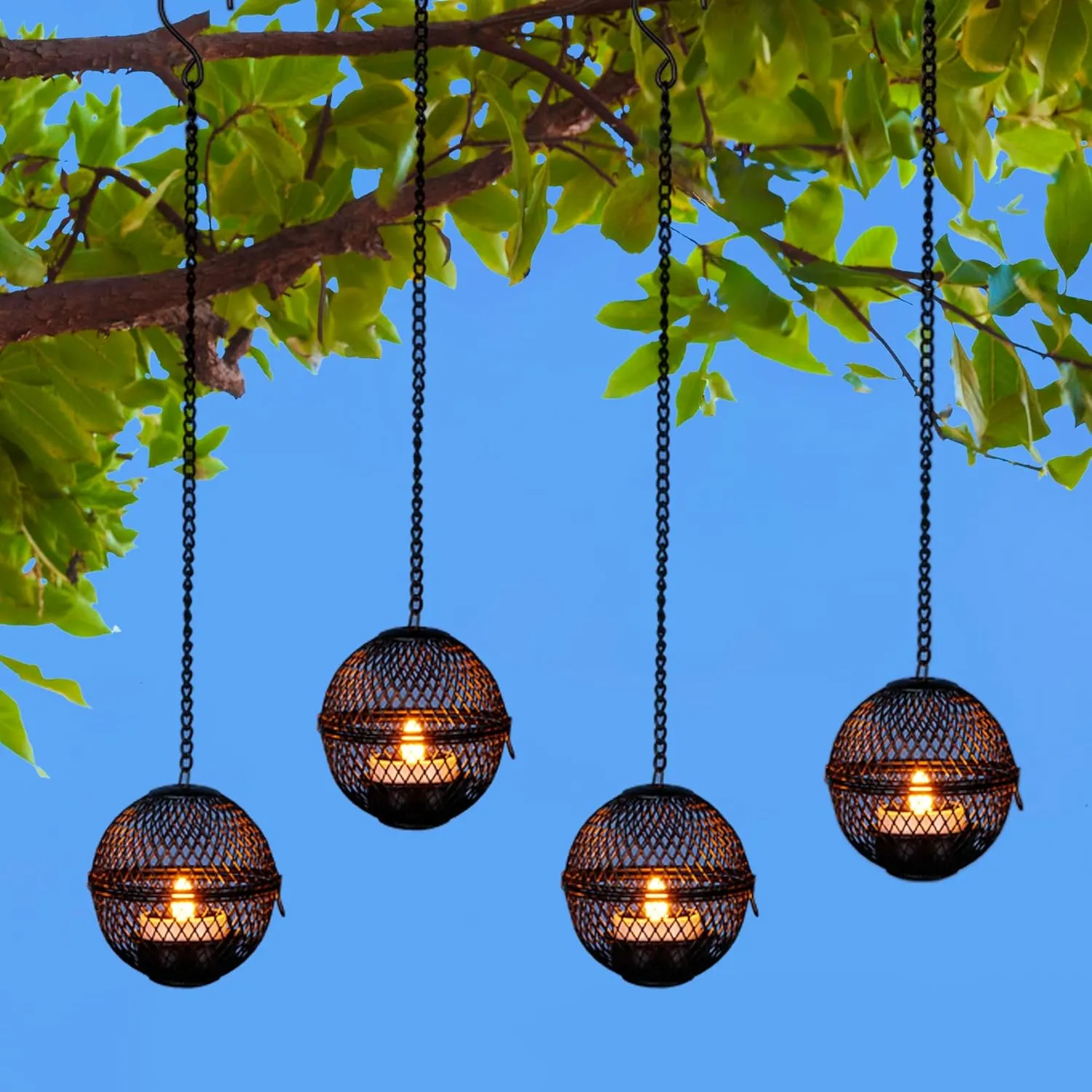 Solar Hanging Lanterns Lights Outdoor, 4 Pack Hanging Candle Holder with Solar Tea Lights Candles Outdoor Waterproof, Chandelier Ideas for Tree Pergola Patio Decor, ALL FORTUNE