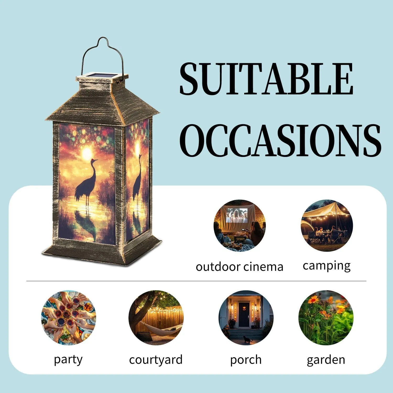 Solar Lantern Serene Sunset Scene Crane Bird Silhouette Outdoor Waterproof Garden Hanging Lantern Solar Powered Lighting Outside Table Lamp for Patio Deck Camping 1 Pack