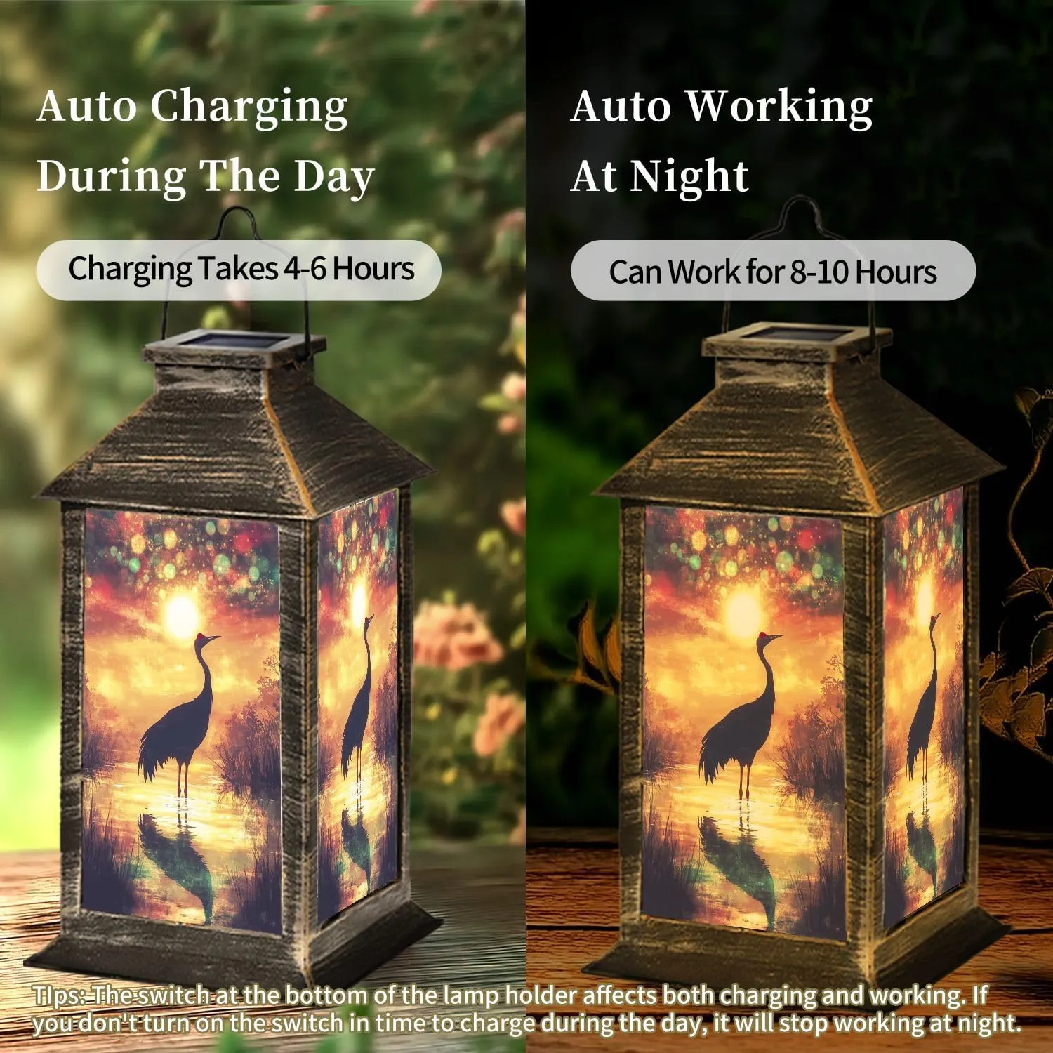 Solar Lantern Serene Sunset Scene Crane Bird Silhouette Outdoor Waterproof Garden Hanging Lantern Solar Powered Lighting Outside Table Lamp for Patio Deck Camping 1 Pack