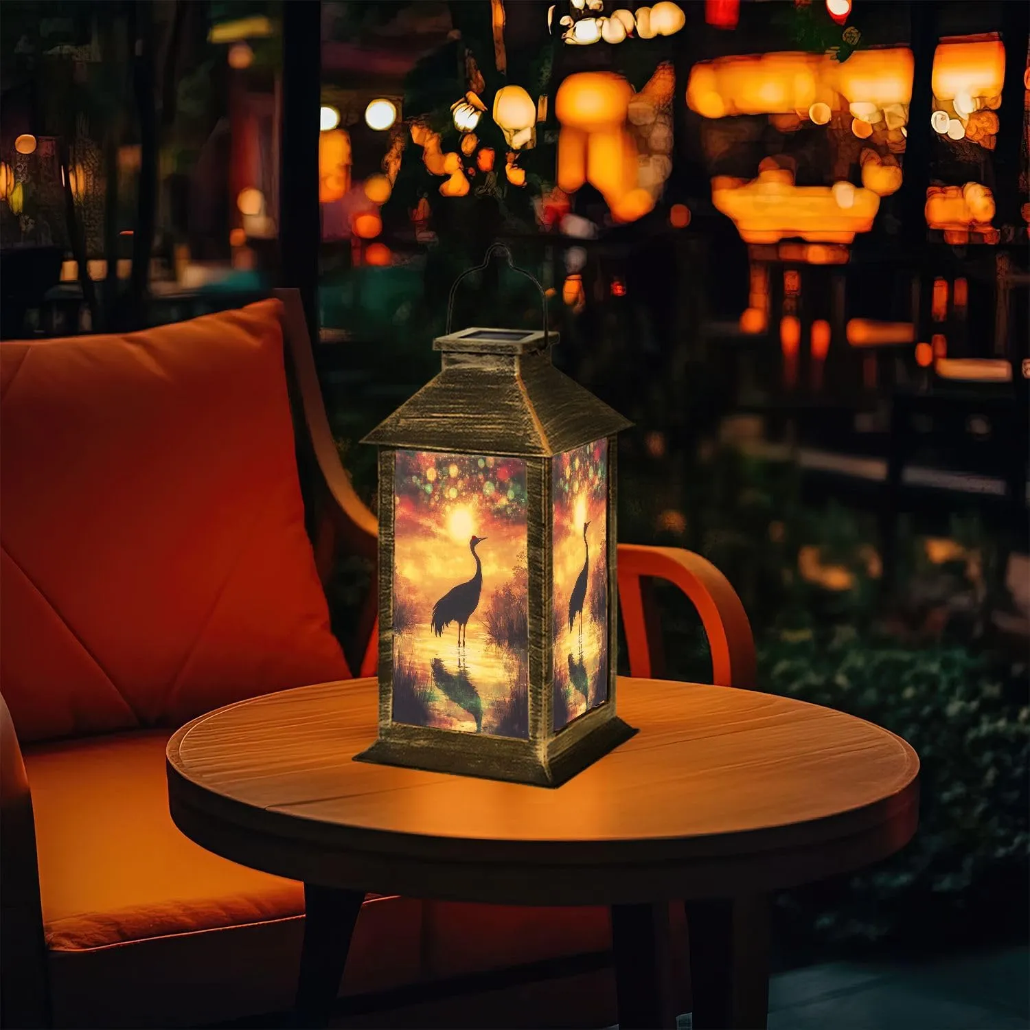 Solar Lantern Serene Sunset Scene Crane Bird Silhouette Outdoor Waterproof Garden Hanging Lantern Solar Powered Lighting Outside Table Lamp for Patio Deck Camping 1 Pack