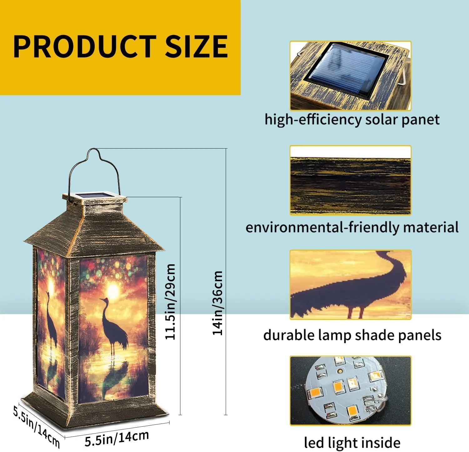 Solar Lantern Serene Sunset Scene Crane Bird Silhouette Outdoor Waterproof Garden Hanging Lantern Solar Powered Lighting Outside Table Lamp for Patio Deck Camping 1 Pack