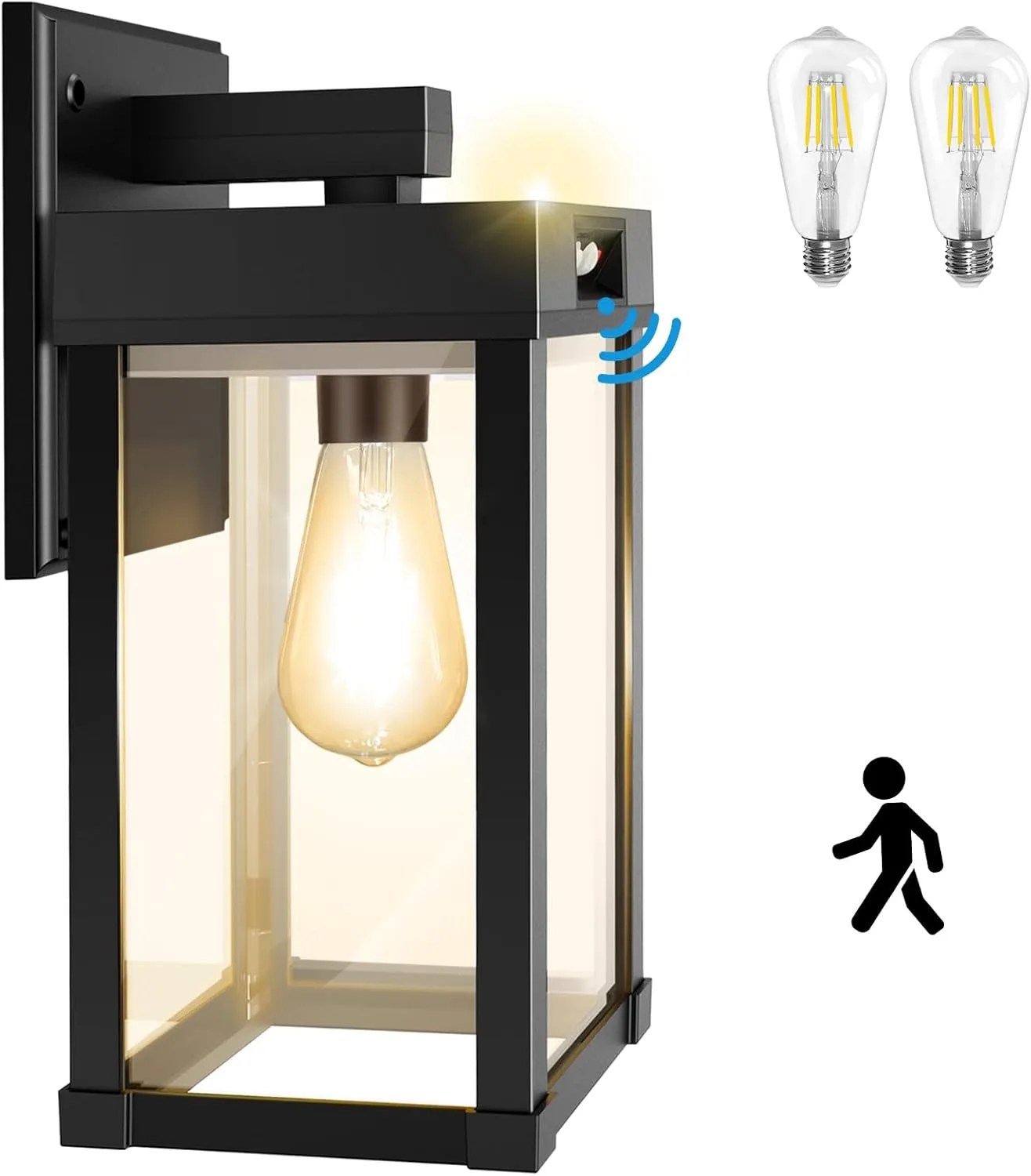 Solar Wall Lights Outdoor with 3 Lighting Modes & Motion Sensor, Solar Porch Light with 2 Bulbs, Waterproof Outdoor Wall Sconce Lantern Light Fixture for Garage Porch Shed Barn Garden Yard Front Door