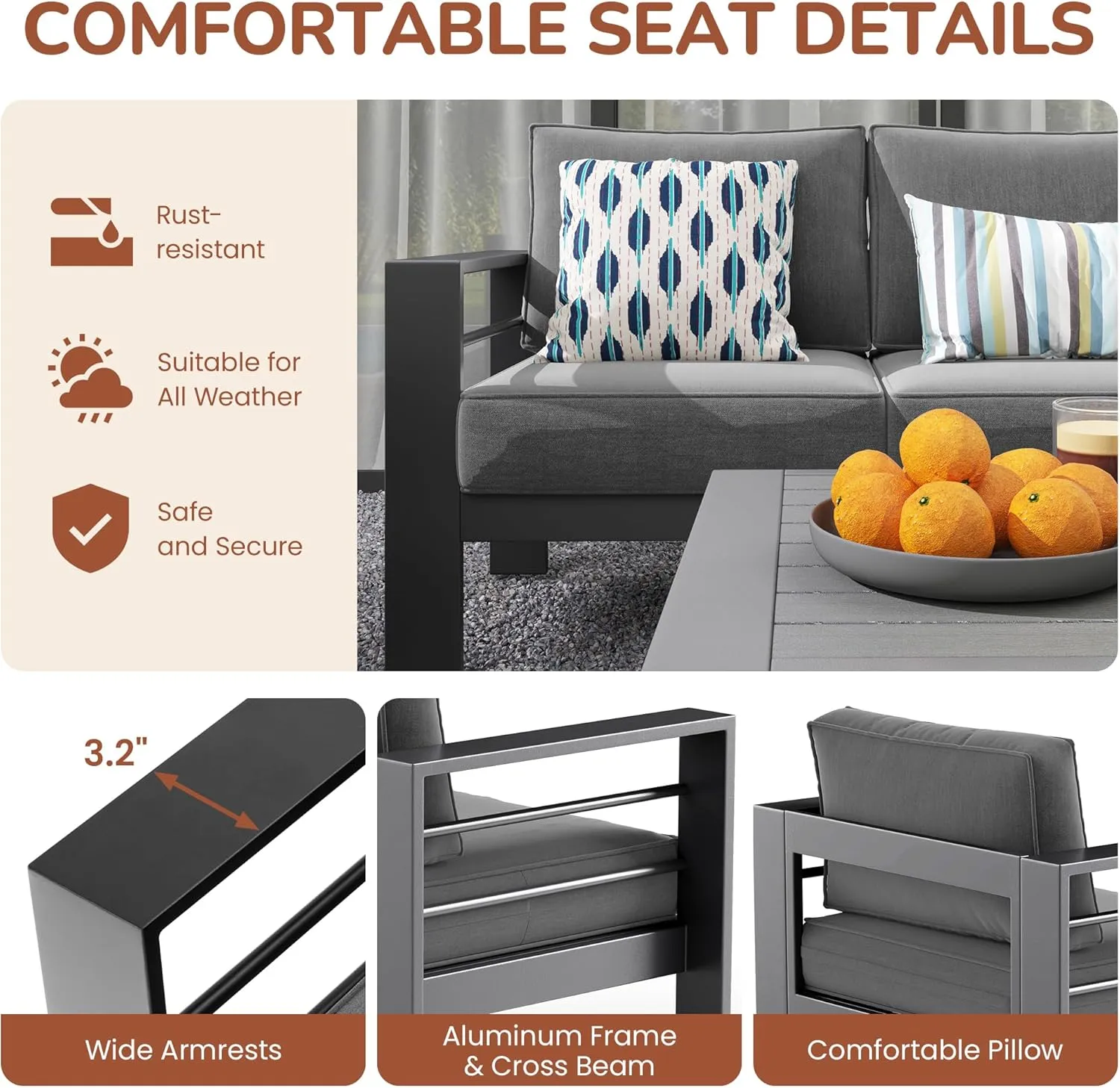 Solaste Aluminum Patio Furniture Set,7 Seats Modern Outdoor Conversation Set Metal Patio Furniture Set Sectional Sofa with Upgrade Cushion and Coffee Table,Dark Grey
