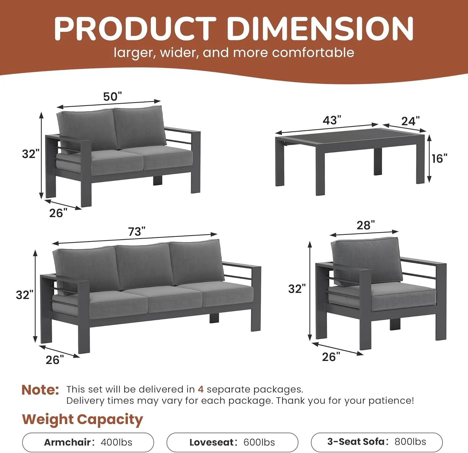 Solaste Aluminum Patio Furniture Set,7 Seats Modern Outdoor Conversation Set Metal Patio Furniture Set Sectional Sofa with Upgrade Cushion and Coffee Table,Dark Grey