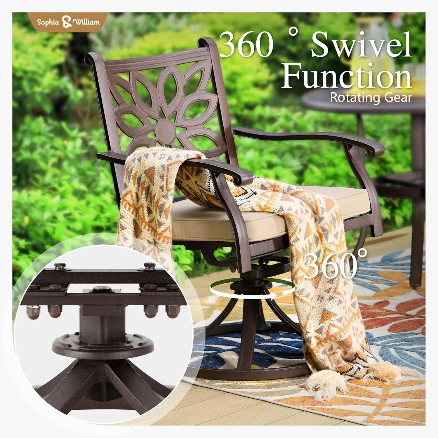 Sophia & William 7 Pieces Cast Aluminium Patio Dining Set for 6 People, Powder-Coating Outdoor Table and 4 Chairs & 2 Swivel Rocking Chairs, Outdoor Patio Table Set with 2.3" Umbrella Hole, Bronze