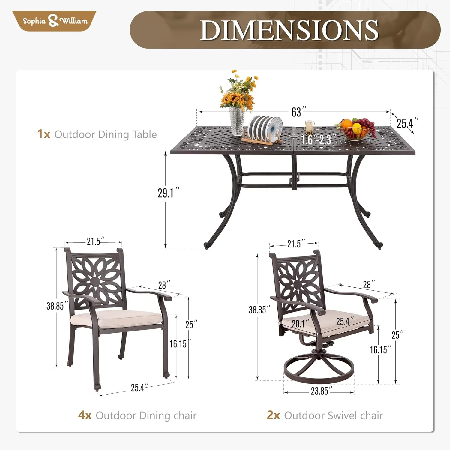 Sophia & William 7 Pieces Cast Aluminium Patio Dining Set for 6 People, Powder-Coating Outdoor Table and 4 Chairs & 2 Swivel Rocking Chairs, Outdoor Patio Table Set with 2.3" Umbrella Hole, Bronze