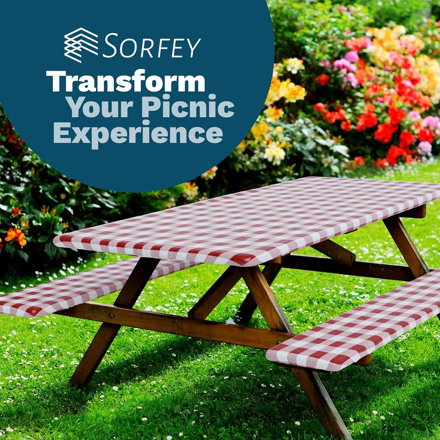 Sorfey Picnic Table Cover with Bench Covers -Fitted with Elastic, Vinyl with Flannel Back, Fits for Table 30"x 72" Rectangle,Water Proof, Checked Green Design