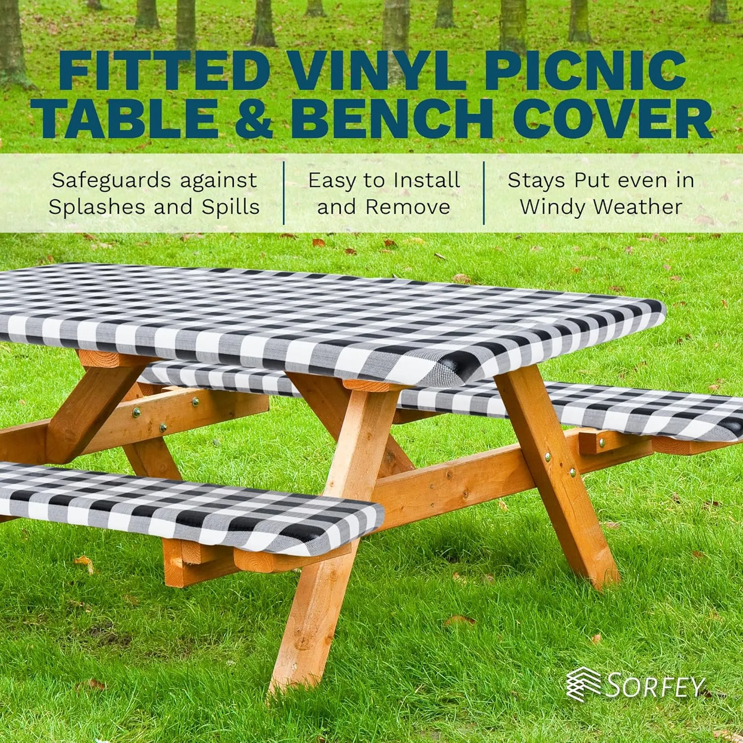 Sorfey Picnic Table Cover with Bench Covers -Fitted with Elastic, Vinyl with Flannel Back, Fits for Table 30"x 72" Rectangle,Water Proof, Checked Green Design