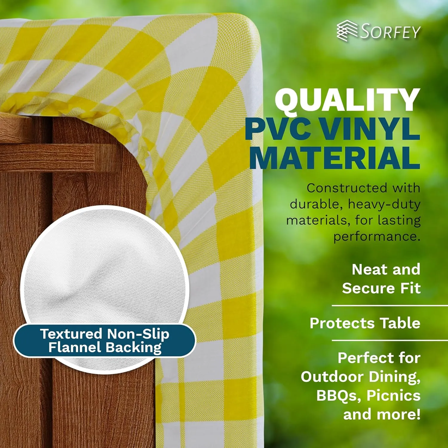 Sorfey Picnic Table Cover with Bench Covers -Fitted with Elastic, Vinyl with Flannel Back, Fits for Table 30"x 72" Rectangle,Water Proof, Checked Green Design