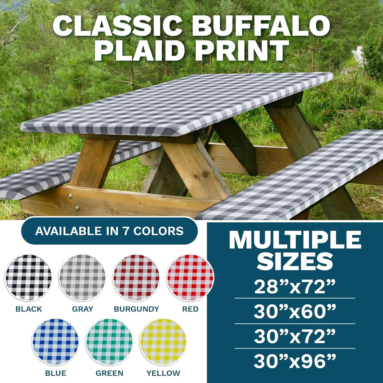Sorfey Picnic Table Cover with Bench Covers -Fitted with Elastic, Vinyl with Flannel Back, Fits for Table 30"x 72" Rectangle,Water Proof, Checked Green Design