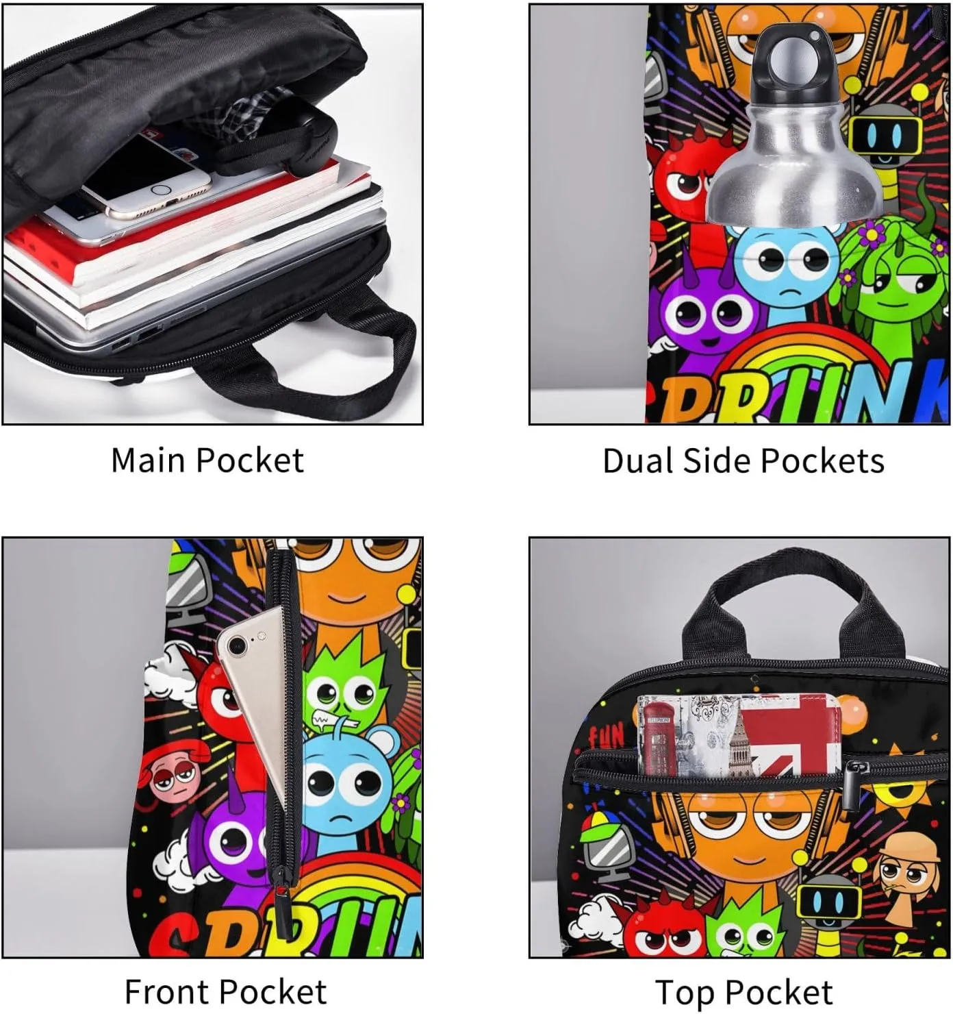 Sprunki Backpack Cute Cartoon Print Multi-Purpose Backpack