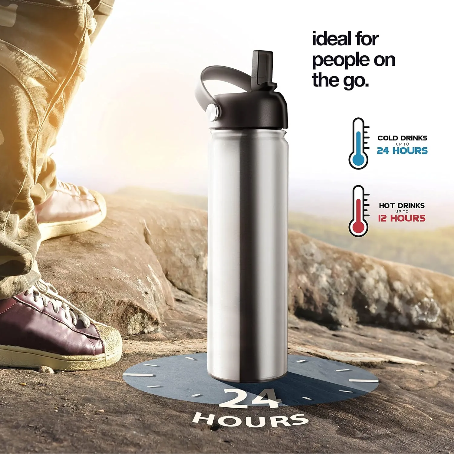 Stainless Steel Insulated Water Bottle and Travel Mug for Hot and Cold Beverages, Wide Mouth, Double Wall Insulated Hydration Sports Water Bottle for Hiking, Biking, Outdoor, 22 OZ BPA Free