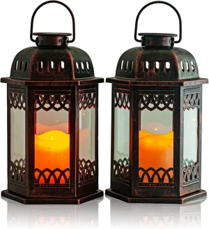 SteadyDoggie Solar Lanterns 2 Pack Bronze - Hanging Solar Lights with Flickering Candle LED - Retro Ornate Hanging Solar Lantern with Handle, Outdoor Hanging Lanterns 6.60 x 6.60 x 10.60 in