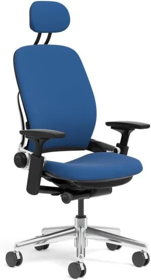 Steelcase Leap Task Chair: Polished Aluminum Base - 4D Adjustable Arms - Headrest - Standard Carpet Casters