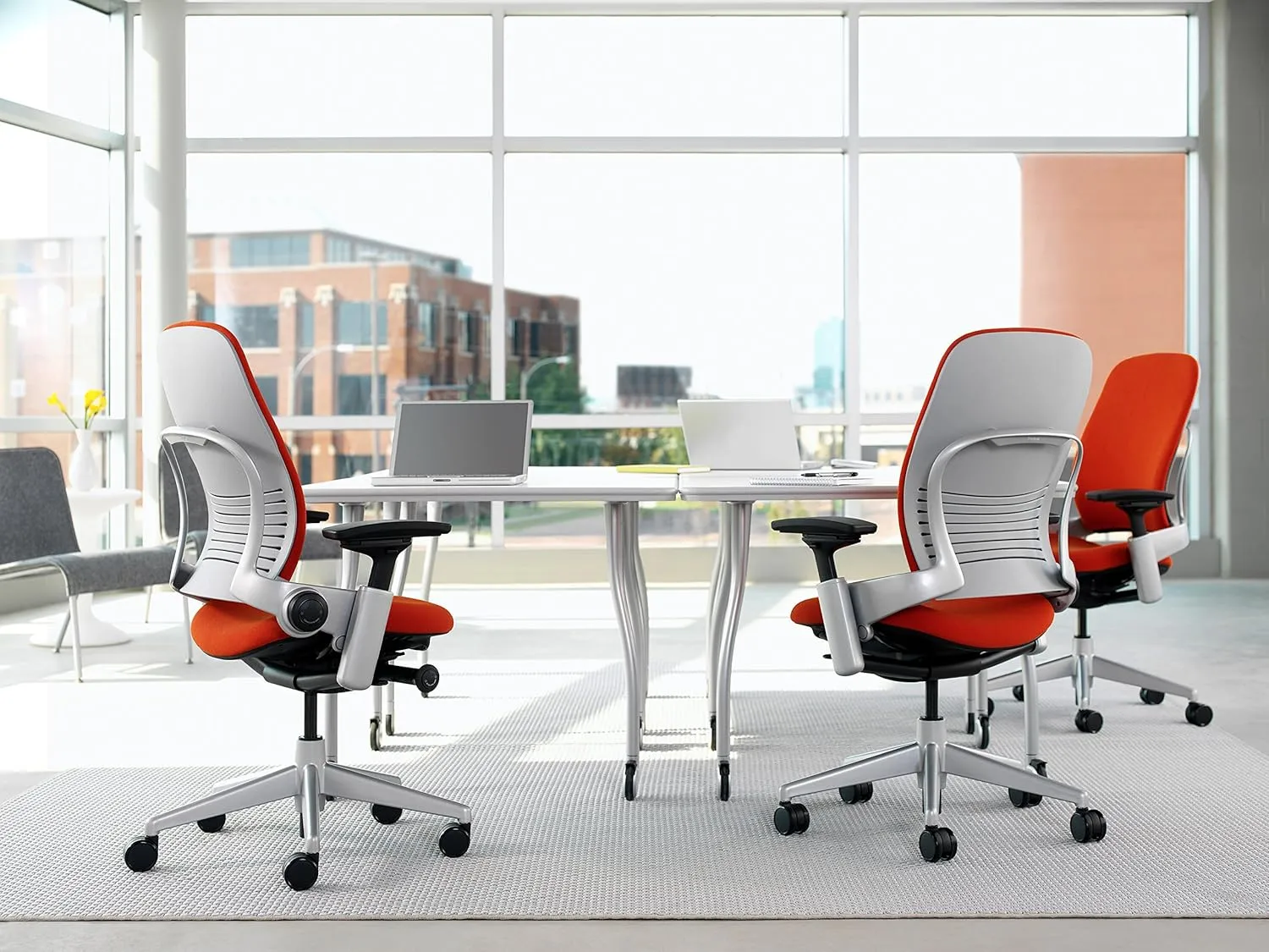 Steelcase Leap Task Chair: Polished Aluminum Base - 4D Adjustable Arms - No Headrest - Standard Carpet Casters