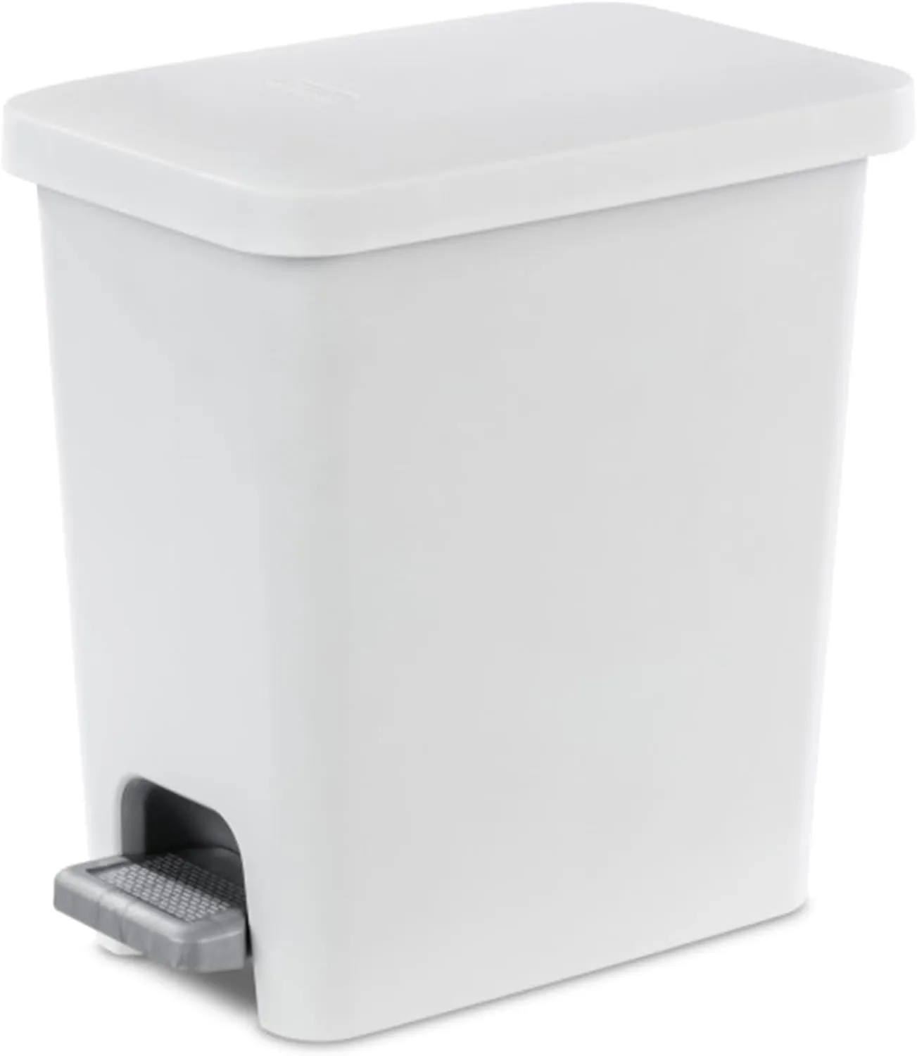 Sterilite 2.7 Gallon Rectangular StepOn Wastebasket, Small, White lid and base with Titanium pedal and Liner
