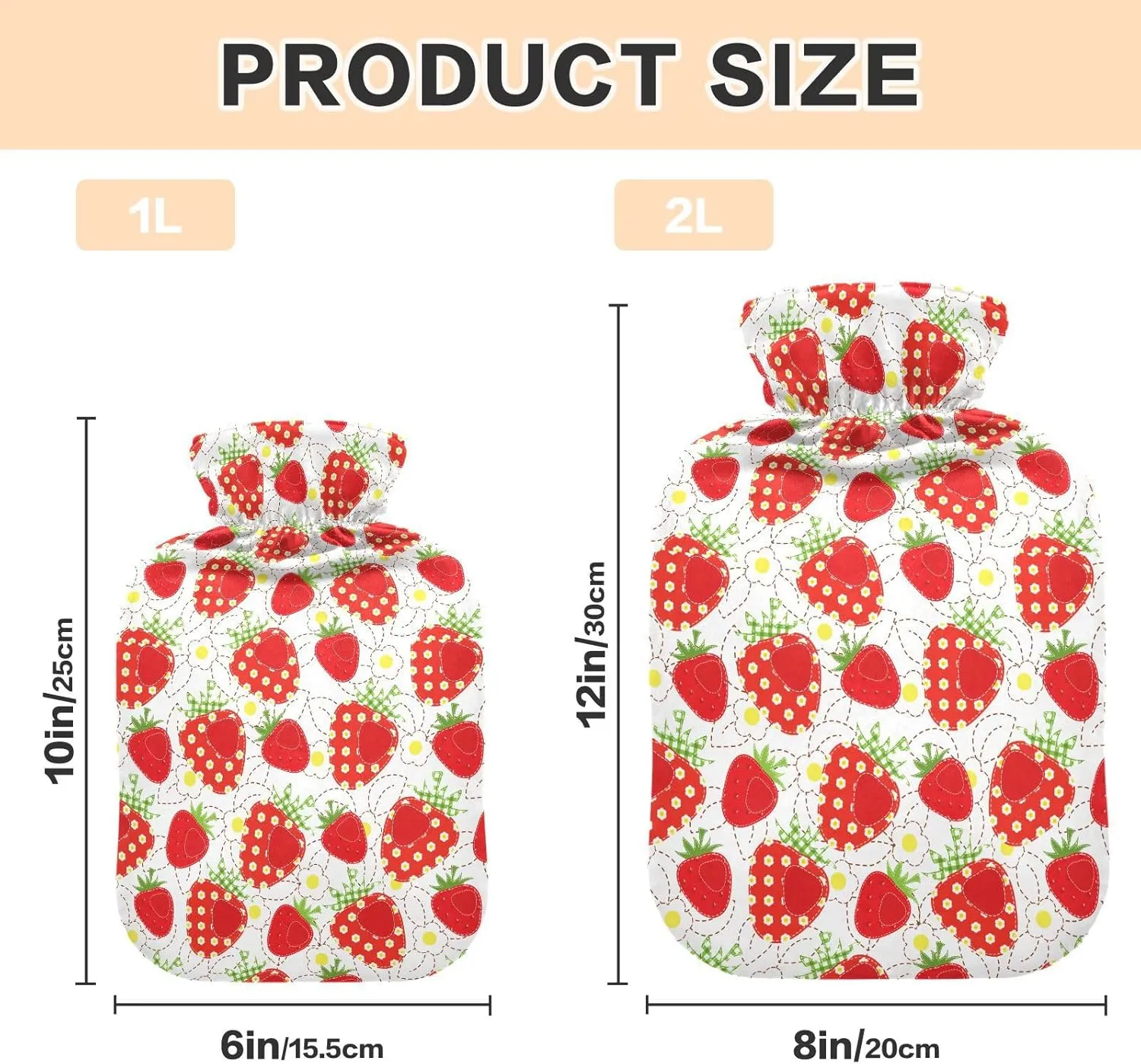 Strawberries White Classic Hot Water Bottle with Cover 2L Durable Hot Water Bag Portable Hot Water Bottle for Neck, Shoulders and Legs Pain Relief, Menstrual Cramps