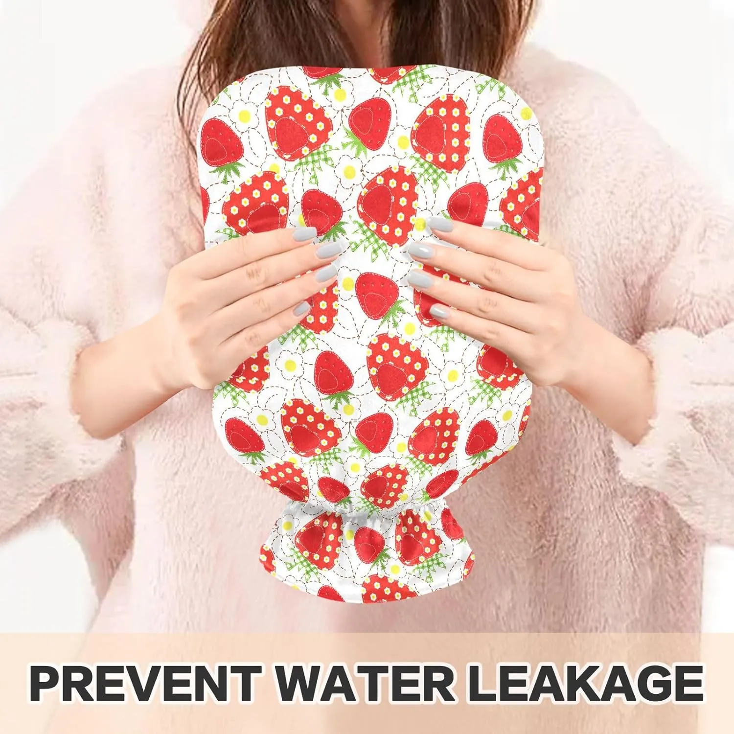Strawberries White Classic Hot Water Bottle with Cover 2L Durable Hot Water Bag Portable Hot Water Bottle for Neck, Shoulders and Legs Pain Relief, Menstrual Cramps