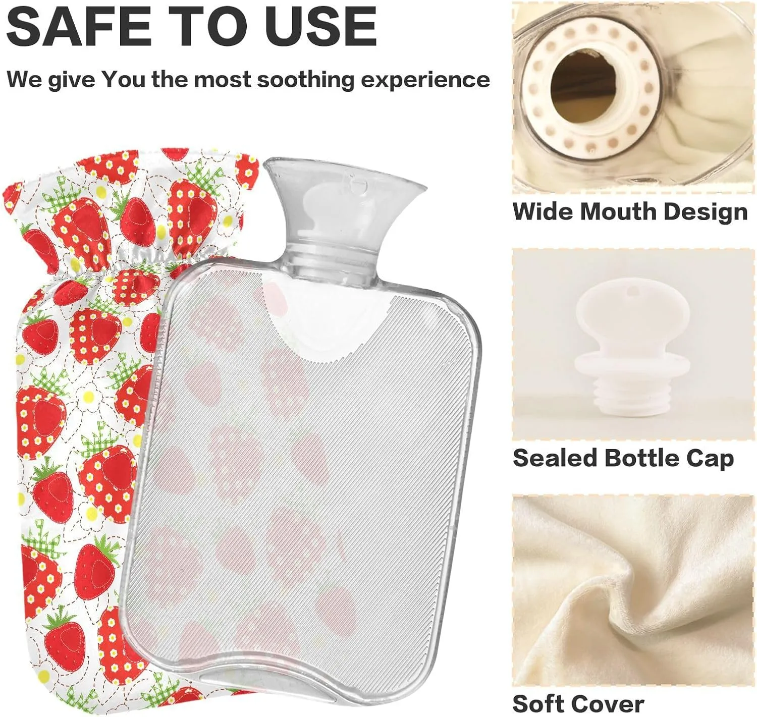 Strawberries White Classic Hot Water Bottle with Cover 2L Durable Hot Water Bag Portable Hot Water Bottle for Neck, Shoulders and Legs Pain Relief, Menstrual Cramps