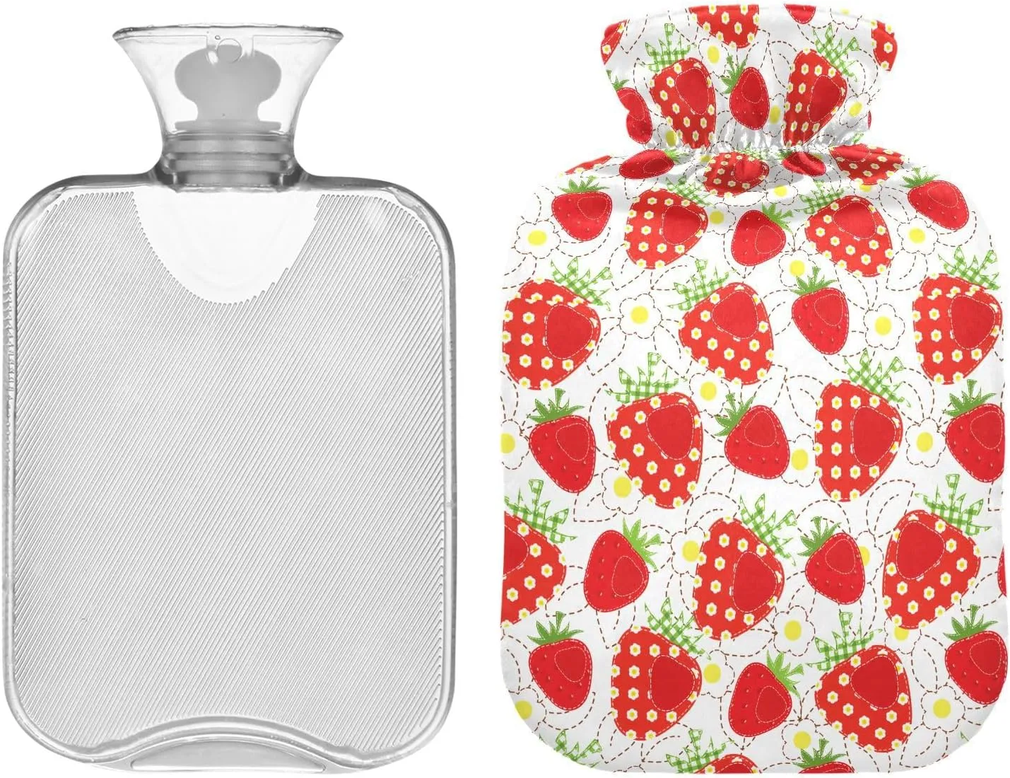 Strawberries White Classic Hot Water Bottle with Cover 2L Durable Hot Water Bag Portable Hot Water Bottle for Neck, Shoulders and Legs Pain Relief, Menstrual Cramps