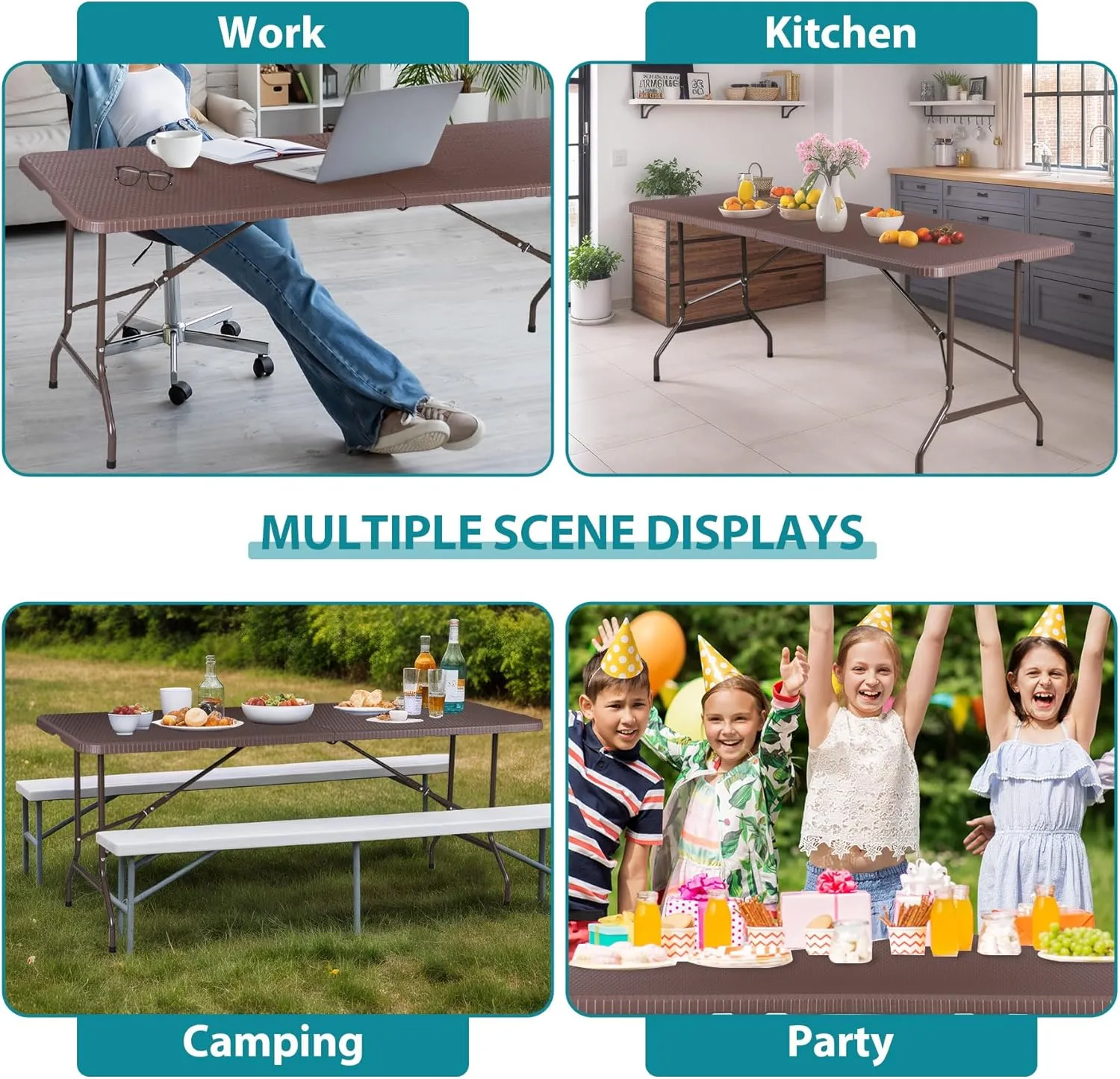 SUPER DEAL 6FT Folding Table for Indoor Outdoor, Portable Heavy Duty Fold-in-Half Plastic Dining Picnic Party Camping Table with Carrying Handle, Brown