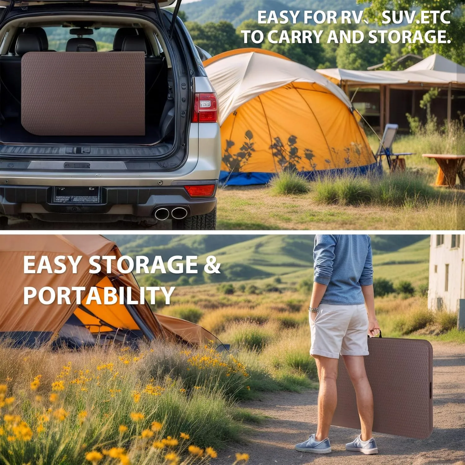SUPER DEAL 6FT Folding Table for Indoor Outdoor, Portable Heavy Duty Fold-in-Half Plastic Dining Picnic Party Camping Table with Carrying Handle, Brown