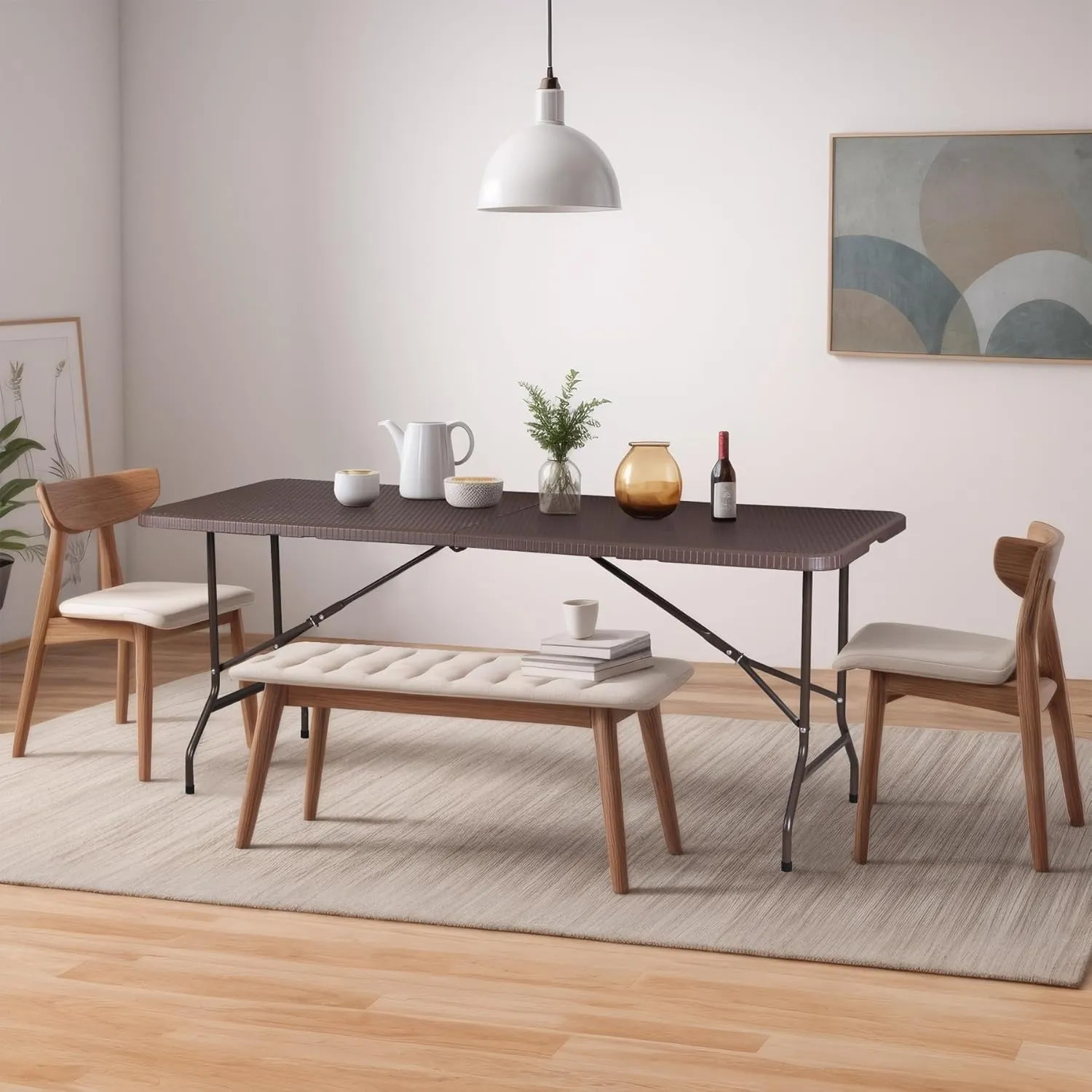 SUPER DEAL 6FT Folding Table for Indoor Outdoor, Portable Heavy Duty Fold-in-Half Plastic Dining Picnic Party Camping Table with Carrying Handle, Brown