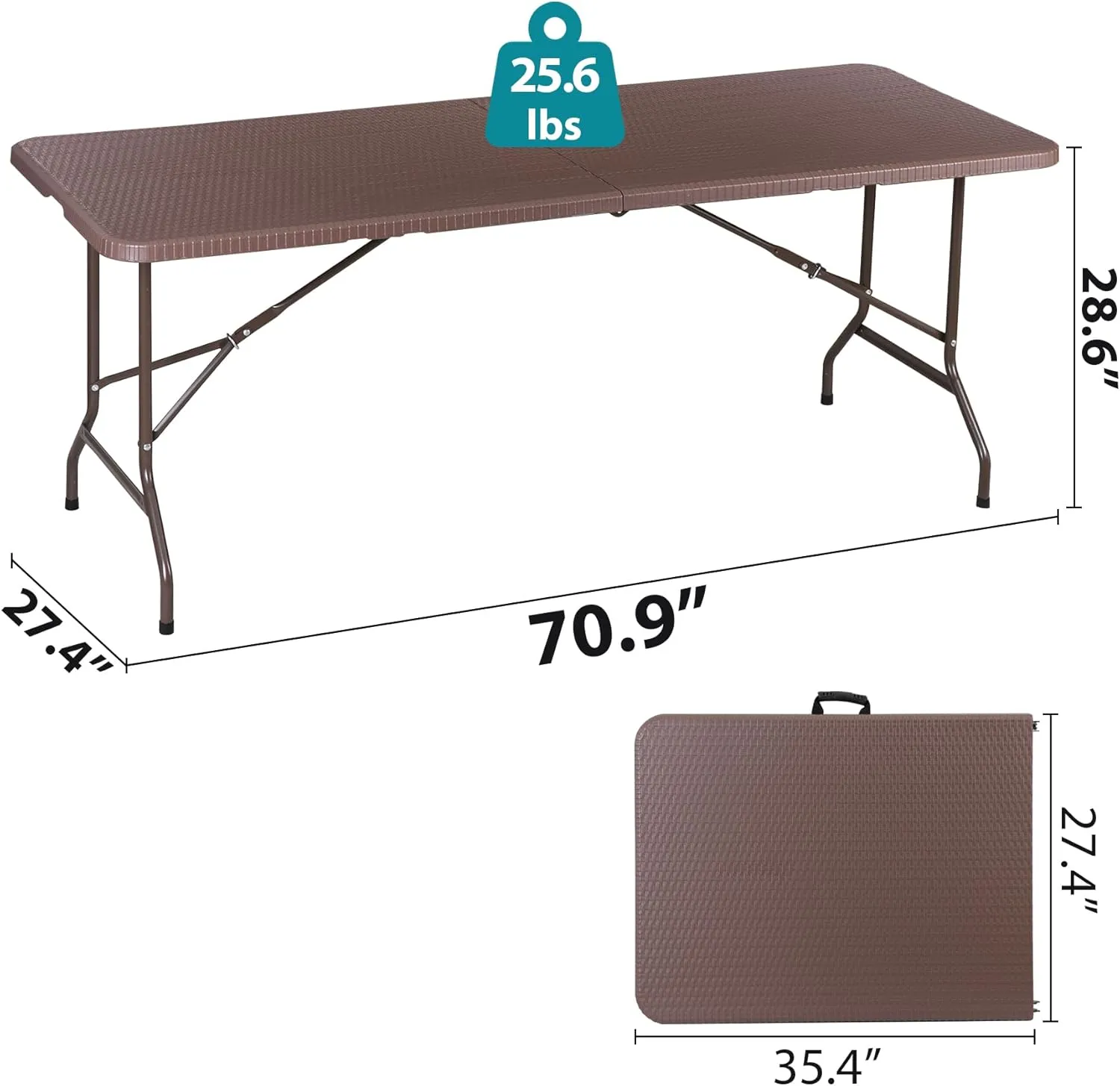 SUPER DEAL 6FT Folding Table for Indoor Outdoor, Portable Heavy Duty Fold-in-Half Plastic Dining Picnic Party Camping Table with Carrying Handle, Brown