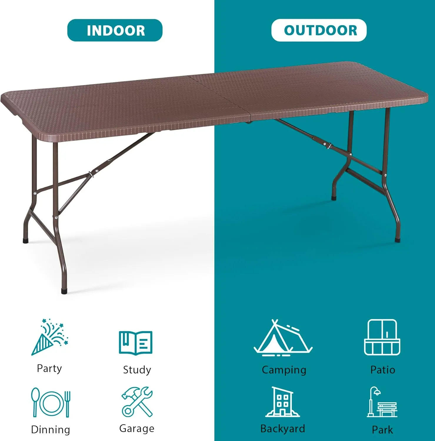 SUPER DEAL 6FT Folding Table for Indoor Outdoor, Portable Heavy Duty Fold-in-Half Plastic Dining Picnic Party Camping Table with Carrying Handle, Brown