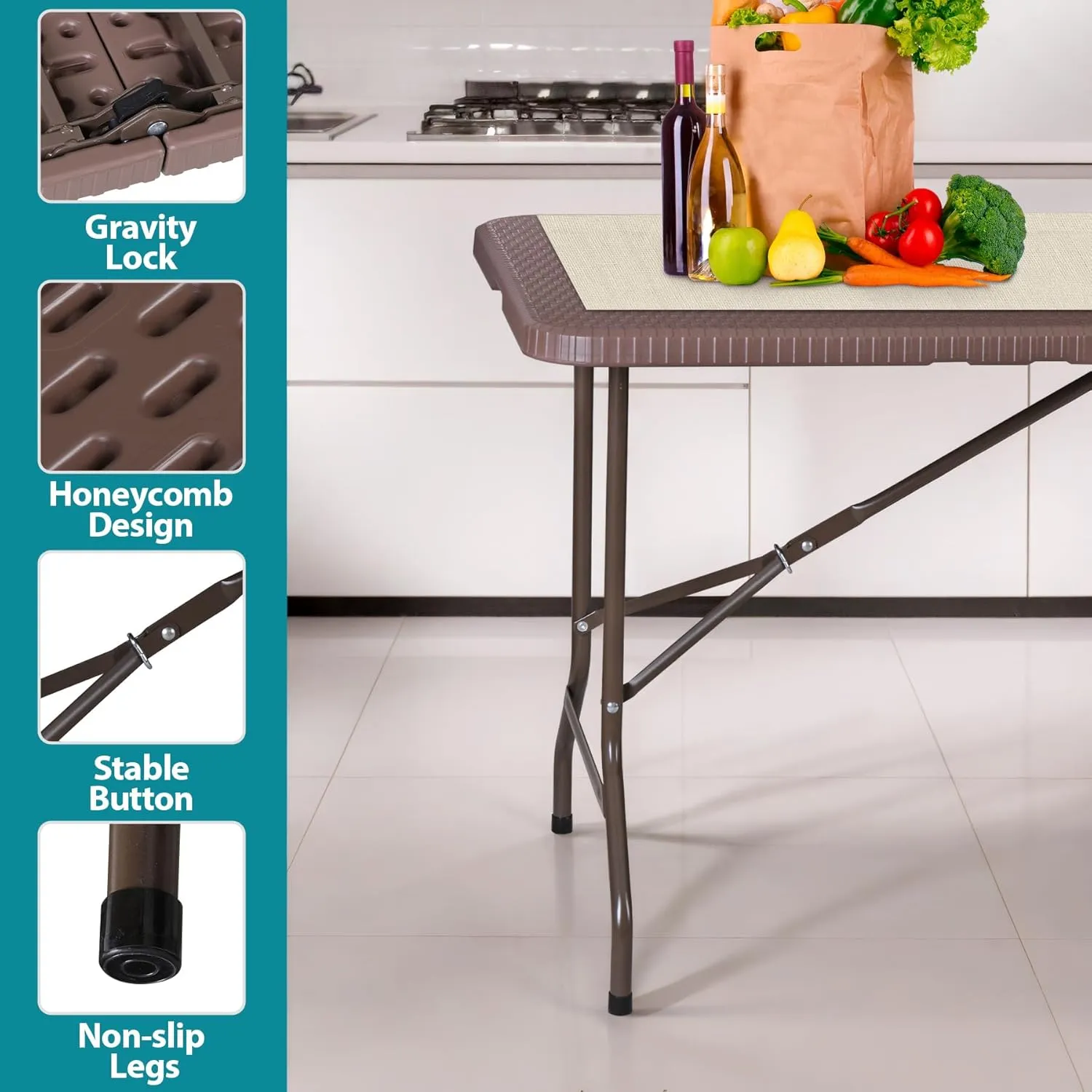 SUPER DEAL 6FT Folding Table for Indoor Outdoor, Portable Heavy Duty Fold-in-Half Plastic Dining Picnic Party Camping Table with Carrying Handle, Brown