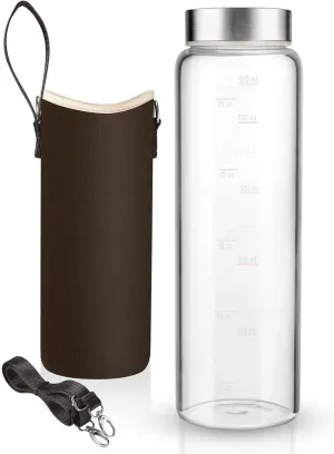 Sursip 32 oz Glass Water Bottle - Nylon Bottle Protection Sleeves, Stainless steel Lid, And 1L Time Marked Measurements, Reusable, Eco-Friendly, Safe for Hot Liquids Tea Coffee Daily