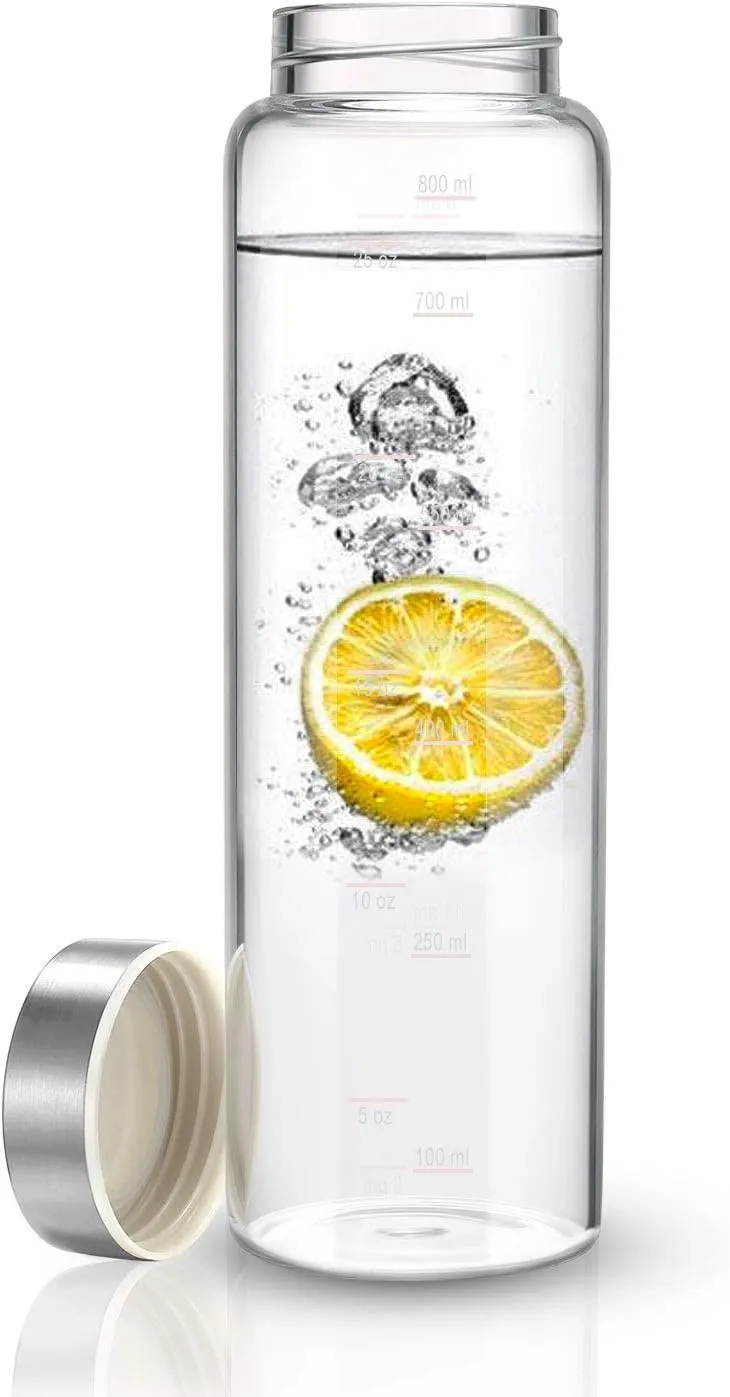 Sursip 32 oz Glass Water Bottle - Nylon Bottle Protection Sleeves, Stainless steel Lid, And 1L Time Marked Measurements, Reusable, Eco-Friendly, Safe for Hot Liquids Tea Coffee Daily