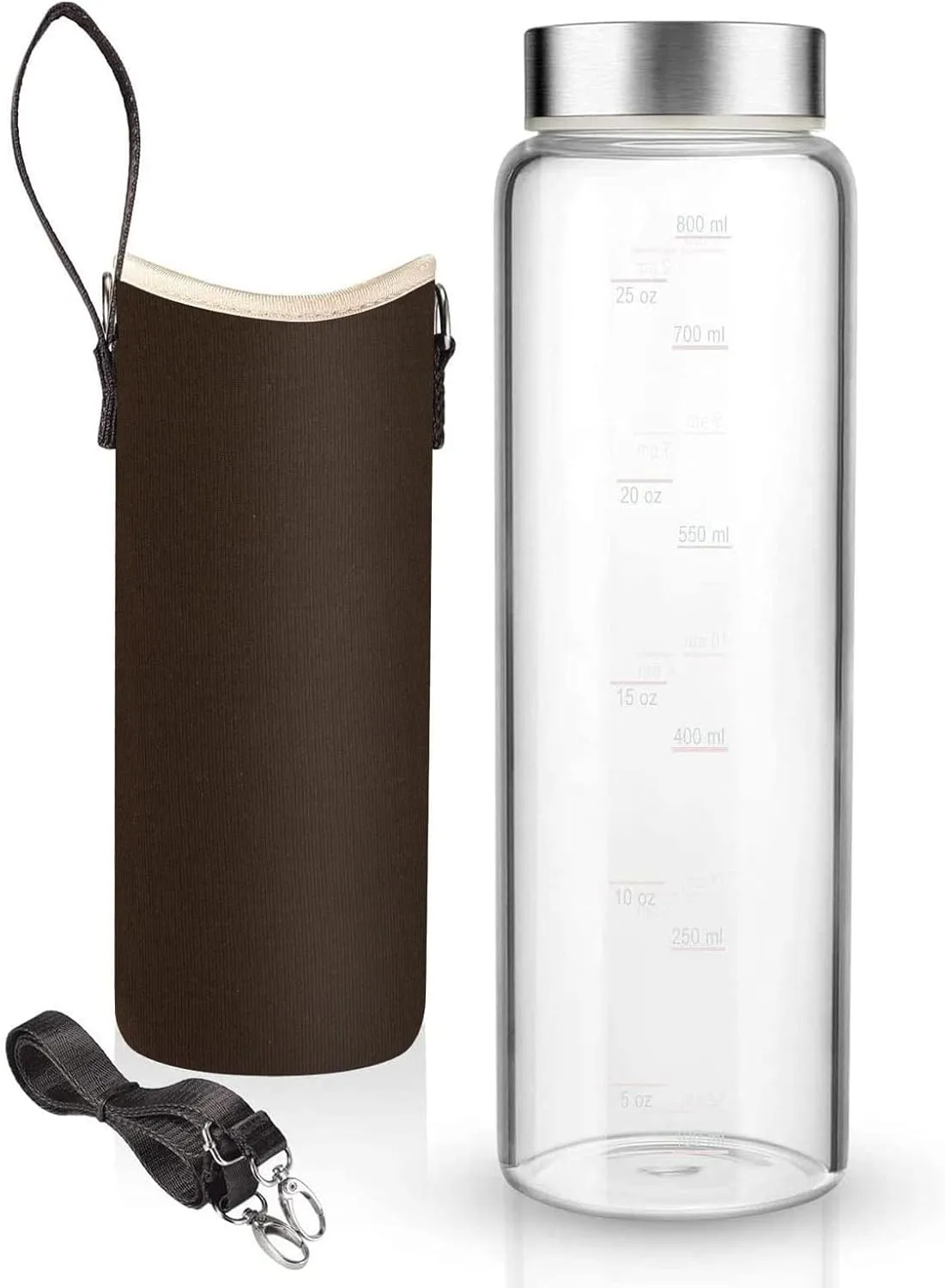 Sursip 32 oz Glass Water Bottle - Nylon Bottle Protection Sleeves, Stainless steel Lid, And 1L Time Marked Measurements, Reusable, Eco-Friendly, Safe for Hot Liquids Tea Coffee Daily