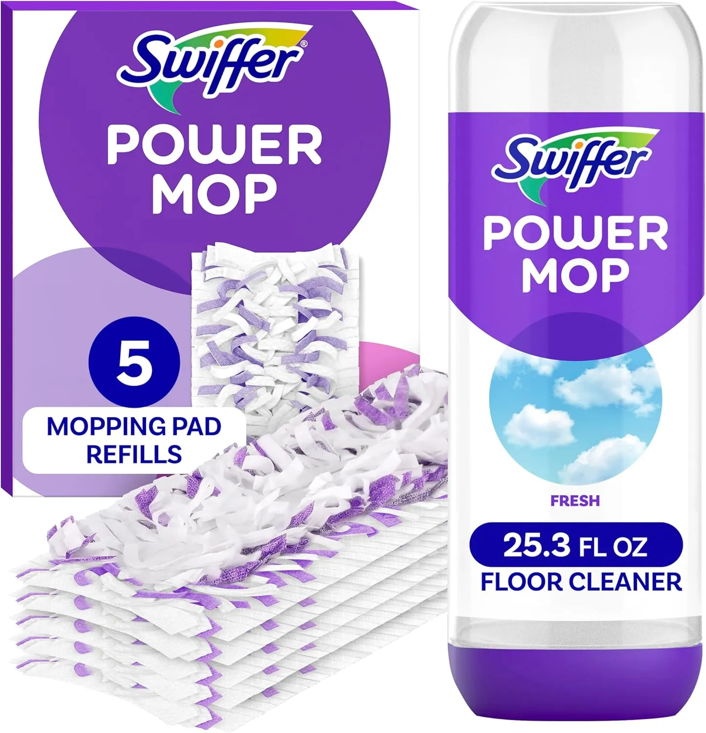 Swiffer Power Mop Refill Pack, Floor Cleaner for Mopping Tile, Vinyl, Laminate, Wood in Home, Bathroom, Kitchen, All Purpose Multi-Surface Cleaning, 5 Pads   1 Lavender Solution