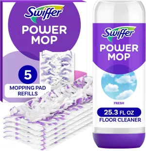 Swiffer Power Mop Refill Pack, Floor Cleaner for Mopping Tile, Vinyl, Laminate, Wood in Home, Bathroom, Kitchen, All Purpose Multi-Surface Cleaning, 5 Pads   1 Lavender Solution
