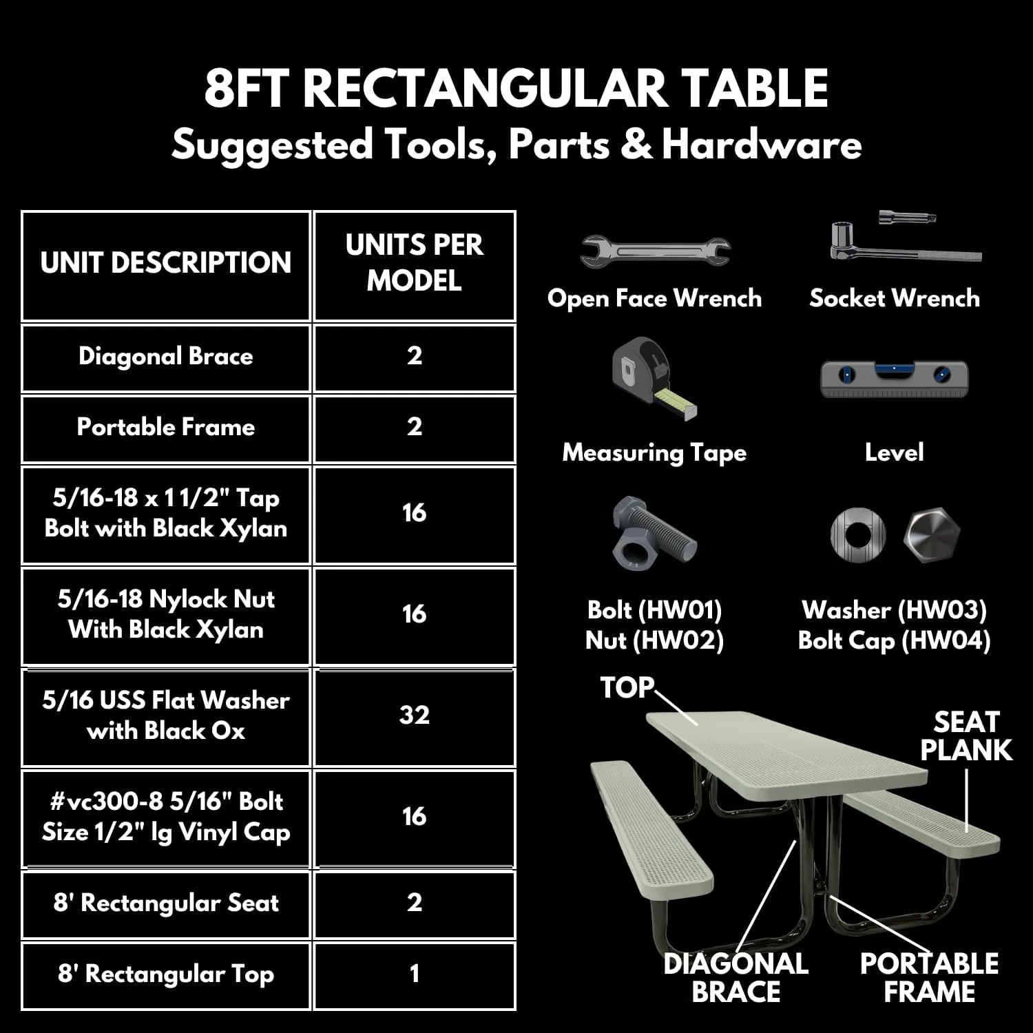 T8-DGRN Heavy Duty Rectangular Portable Picnic Table, 8 Ft, Dark Green, Made in America