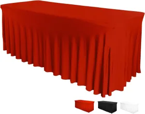Table Skirt for Rectangular Tables 8ft - Wedding Spandex Table Covers for Standard 8 Foot Table - One Piece Fitted Elastic Tablecloth - Wrinkle Resistant Ruffles Design for Weddings, Party (Red/8 ft)