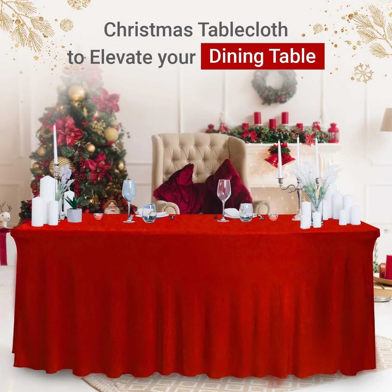 Table Skirt for Rectangular Tables 8ft - Wedding Spandex Table Covers for Standard 8 Foot Table - One Piece Fitted Elastic Tablecloth - Wrinkle Resistant Ruffles Design for Weddings, Party (Red/8 ft)
