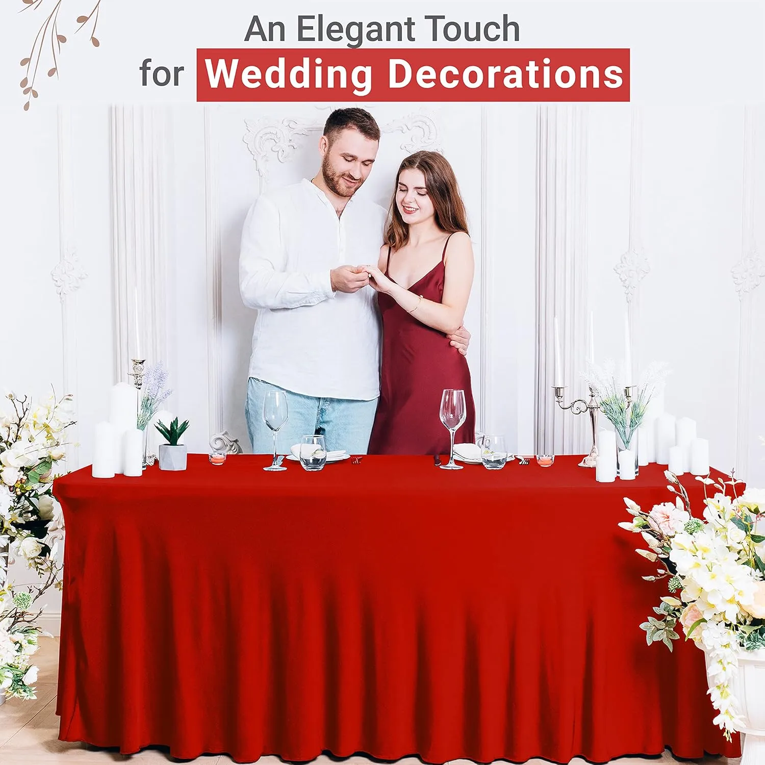 Table Skirt for Rectangular Tables 8ft - Wedding Spandex Table Covers for Standard 8 Foot Table - One Piece Fitted Elastic Tablecloth - Wrinkle Resistant Ruffles Design for Weddings, Party (Red/8 ft)