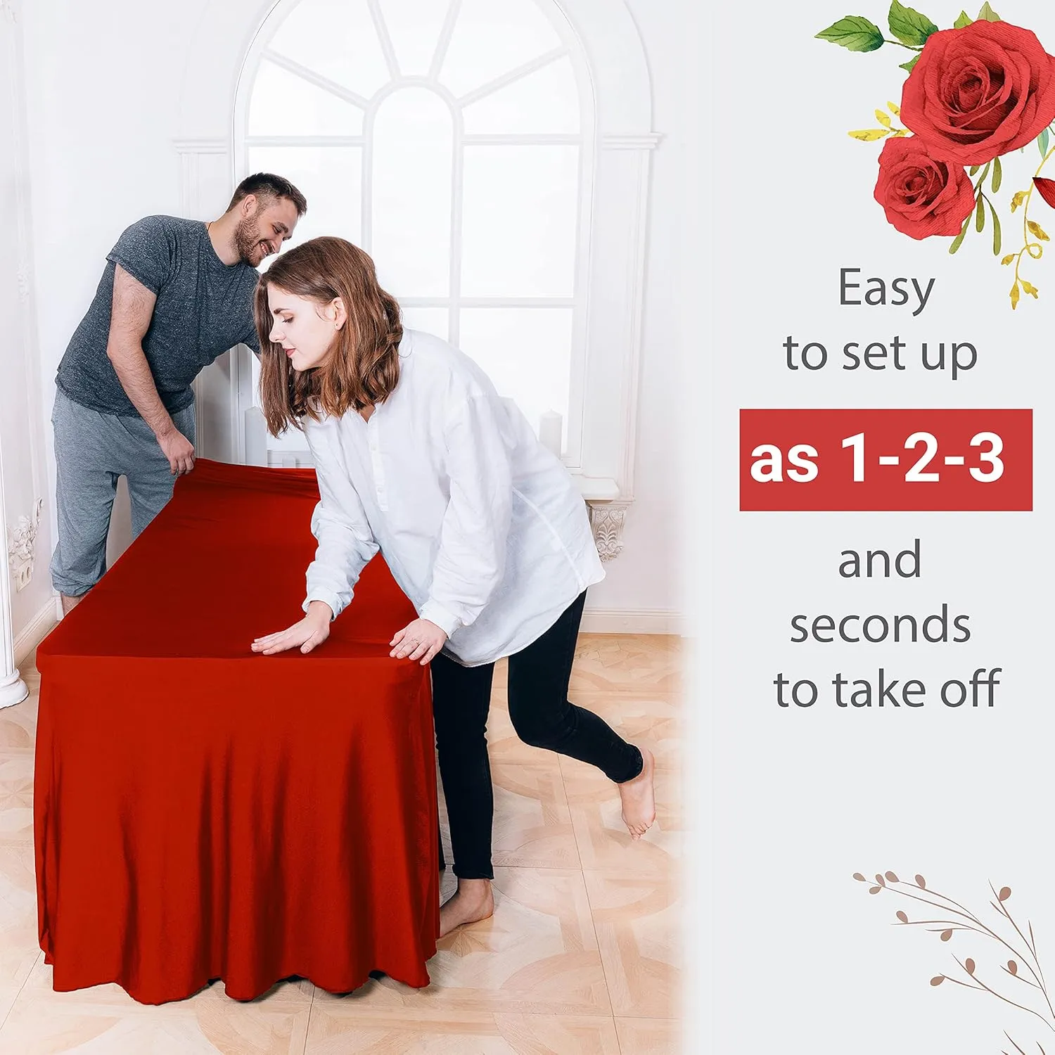 Table Skirt for Rectangular Tables 8ft - Wedding Spandex Table Covers for Standard 8 Foot Table - One Piece Fitted Elastic Tablecloth - Wrinkle Resistant Ruffles Design for Weddings, Party (Red/8 ft)