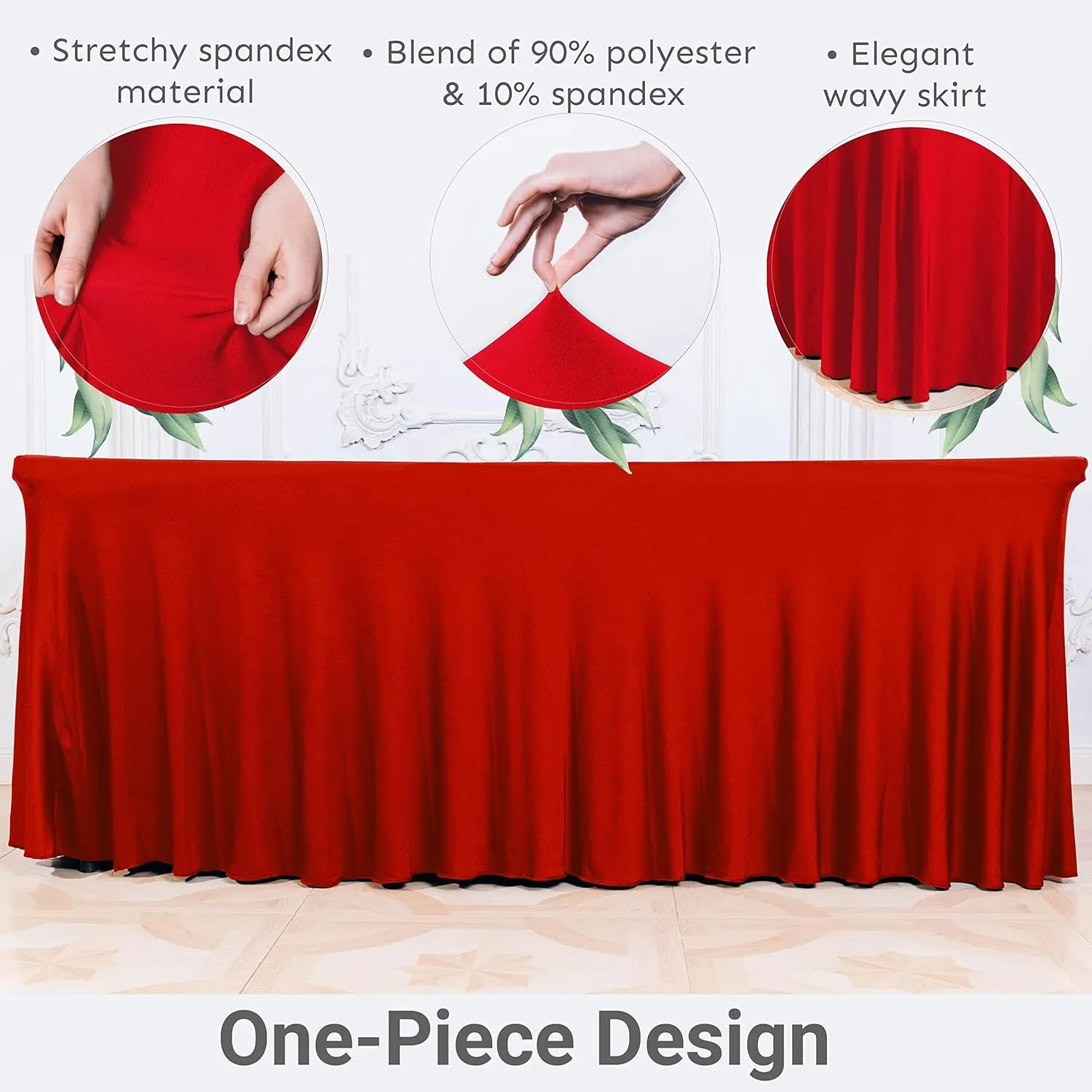 Table Skirt for Rectangular Tables 8ft - Wedding Spandex Table Covers for Standard 8 Foot Table - One Piece Fitted Elastic Tablecloth - Wrinkle Resistant Ruffles Design for Weddings, Party (Red/8 ft)
