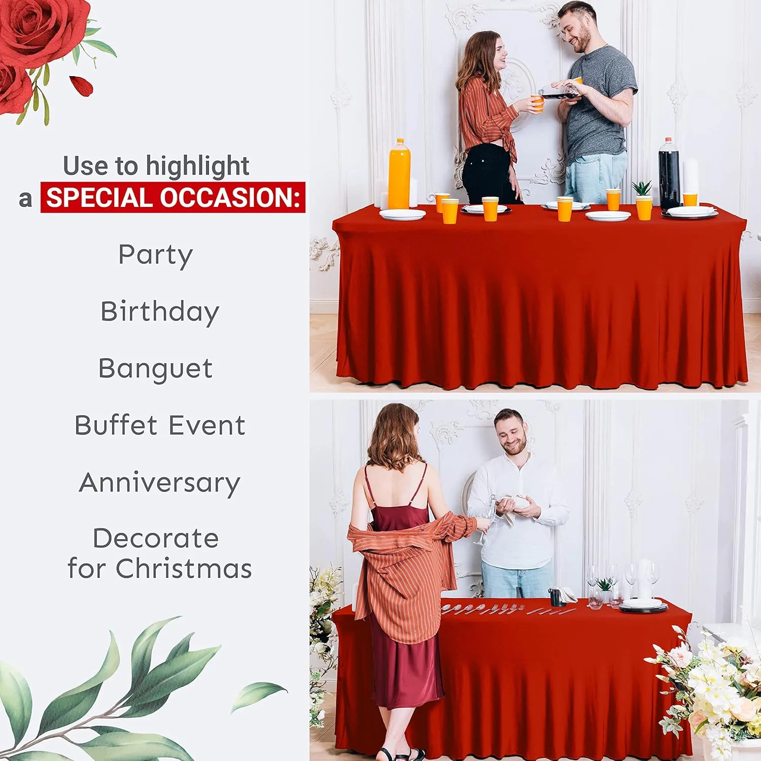 Table Skirt for Rectangular Tables 8ft - Wedding Spandex Table Covers for Standard 8 Foot Table - One Piece Fitted Elastic Tablecloth - Wrinkle Resistant Ruffles Design for Weddings, Party (Red/8 ft)