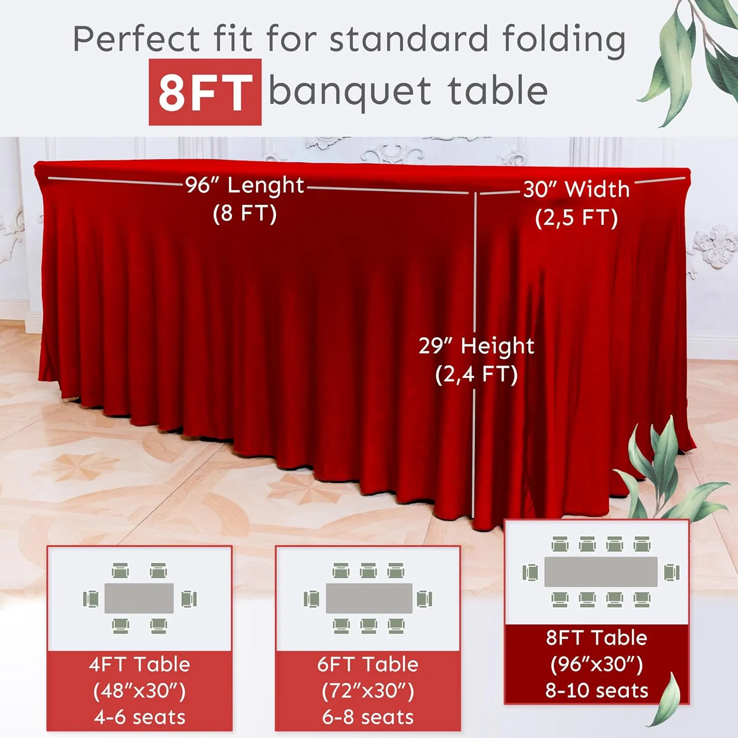 Table Skirt for Rectangular Tables 8ft - Wedding Spandex Table Covers for Standard 8 Foot Table - One Piece Fitted Elastic Tablecloth - Wrinkle Resistant Ruffles Design for Weddings, Party (Red/8 ft)