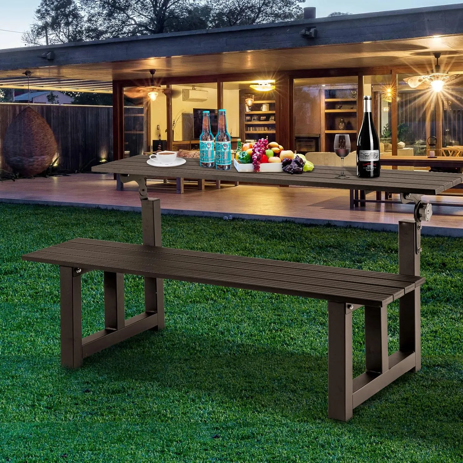 TECSPACE Aluminum Outdoor Convertible Bench, Brown, 400 LBS Load Capacity, Adjustable Plank from 102 to 204 Degrees