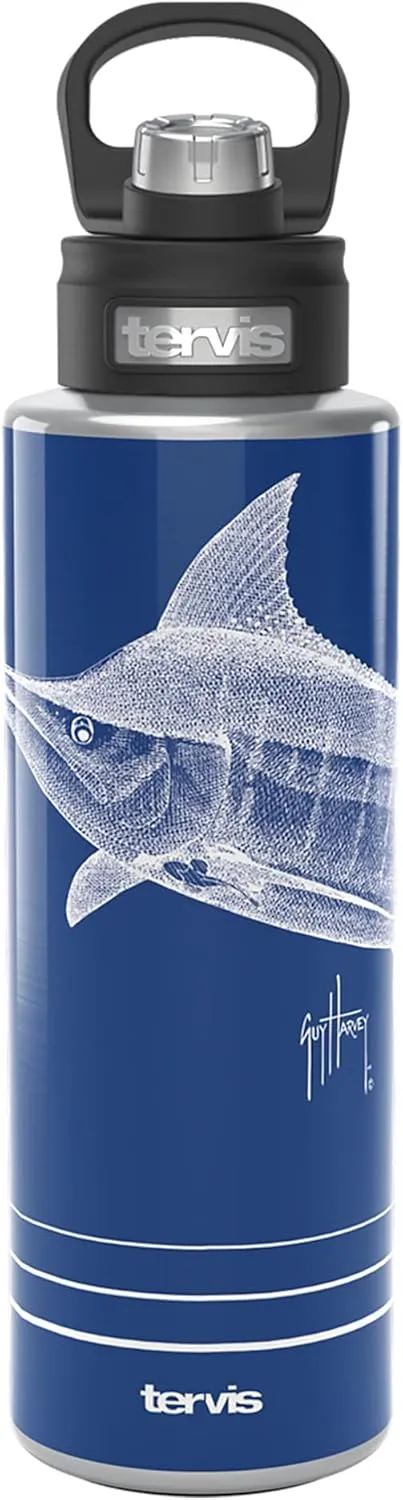 Tervis Guy Harvey Ink Marlin Triple Walled Insulated Tumbler Travel Cup Keeps Drinks Cold, 40oz Wide Mouth Bottle, Stainless Steel