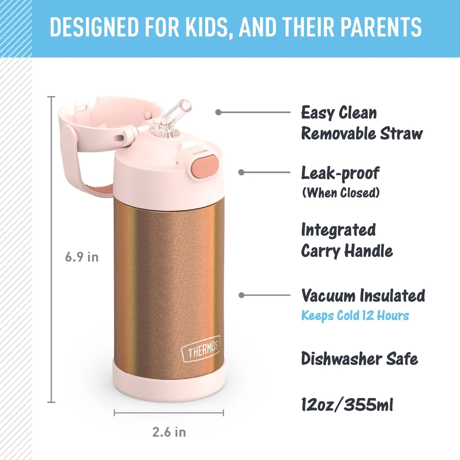 THERMOS FUNTAINER Water Bottle with Straw - 12 Ounce - Kids Stainless Steel Vacuum Insulated Water Bottle with Lid, Rose Gold Glitter